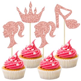 Ephlyn 24Pcs Girl Theme Birthday Cupcake Toppers Glitter High Heel Princess Doll Head Cupcake Picks Decorations for Baby Bridal Shower Girl Birthday Party Supplies Rose Gold