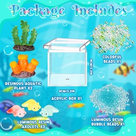 Vertintong Axolotl DIY Tank Axolotl Craft with 3 Pcs Mini Axolotl Figures Axolotl Beads Axolotl Gift Set Axolotl Charms 3.2″ Acrylic Tank(Dark Blue,Cute)