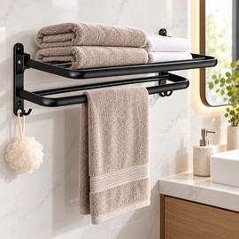 Foldable Wall Mount Towel Rack with Hooks – Black Steel Double Towel Bar for Bathroom Storage