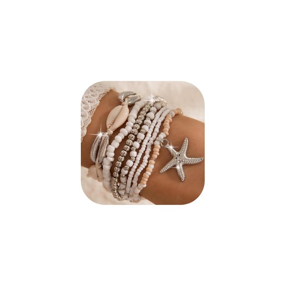 Kprusoian 7Pcs Beaded Stretch Bracelets for Women,Bohemian Stackable Elastic Seashell