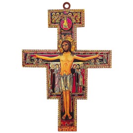 Trinity Church Supply San Damiano Crucifix Religious Hanging Sign Inspirational Cross Decor Wall Decor Wooden Decoration Rustic Vintage Cross, 4.4 Inch x 6 Inch, 6 Pack