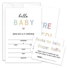 Fihjm Baby Shower Invitations, Baby Shower Invites, Hello Baby, Diaper Raffle Tickets & Book Request Card, 25 Set With Envelopes, Baby Shower Supplies - BSinvite 02