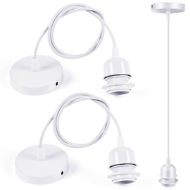 Sevenpers Metal Pendant Light Fittings Ceilings, E27 Lamp Holder Modern Style White Light Fittings with Ground Wire and Lock Ring for Lampshade,90cm Cable 2 Pack