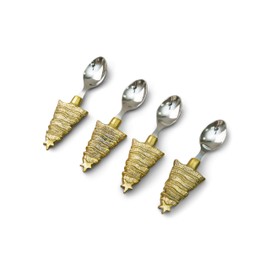 IHI EST. 1986 Holiday Christmas Tree Handle - Gold Tone 5.6 Inch Stainless Steel Dessert Coffee Espresso Spoon; Set of 4
