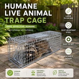 Large Animal Trap Cage for Live Capture – Foldable Stainless Steel Trap for Yard Farm Garden Use