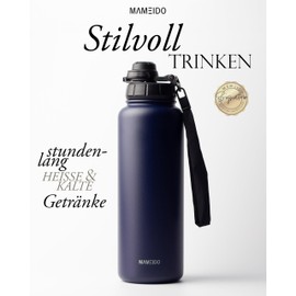 MAMEIDO Thermos Flask with Straw, 1.2 L, Leak-Proof Drinking Bottle, Stainless Steel Insulated, Water Bottle BPA-Free with Carry Strap, Water Bottle Sport (Dark Night, 1200 ml)