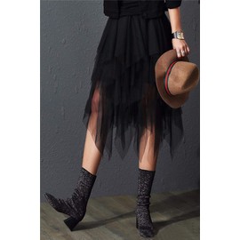 Women’s Tulle Skirt, Elastic, High Waist, Floral Print, Graded, Layered, Irregular Mesh, Ballet, Prom, Parties, Tulle Tutu, Midi Skirt, A-Line, B-black