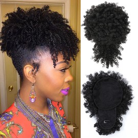 Black Afro Puff Drawstring Ponytail with Bangs Pineapple Updo Hair for Black Women Short Kinky Curly Puff Ponytail with Bangs Curly Clip in Wrap Updo Hairpiece
