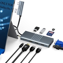 HYRTA USB C Dock for Surface Pro 7, 11 in 2 Surface Pro 7 USB C Docking Station, Surface Pro 7 Accessories Dual Monitor Display USB Hub, with HDMI VGA PD3.0 RJ45 2 USB2.0 and 2 USB3.0