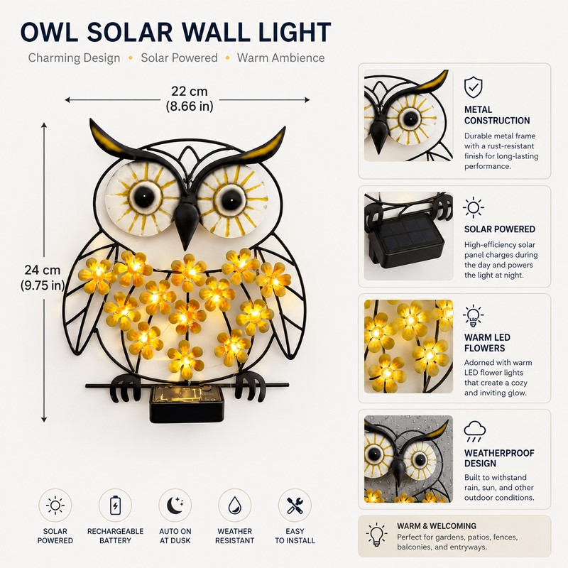 Owl Solar Wall Light for Outdoor Decor – Metal LED