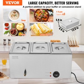 VEVOR 3-Pan Commercial Food Warmer, 24QT Electric Steam Table, 1200W Professional Countertop Stainless Steel Buffet Bain Marie with 86-185°F Temp Control for Catering and Restaurants, Silver