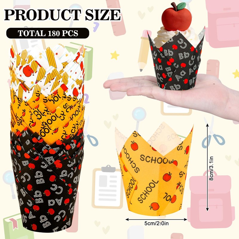 Whaline 180Pcs Back to School Tulip Cupcake Liners Muffin Baking