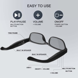 Emzwin Smart Bluetooth Glasses for Men Women Audio Polarized Glasses with Bluetooth Headphones Speaker Mic, UV Protection, Voice Assistant (Black Lens)