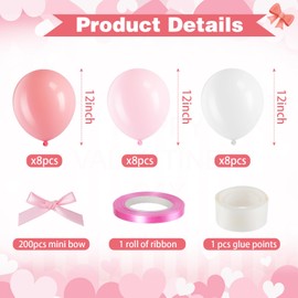 Gejoy Pink Bow Party Decorations 24 Pack 12" Balloons with 200 Pcs Pink Black Bow Balloons Party Decor for Coquette Birthday Bachelorette Baby Shower Wedding Party Supplies(Pink, White, Light Pink)