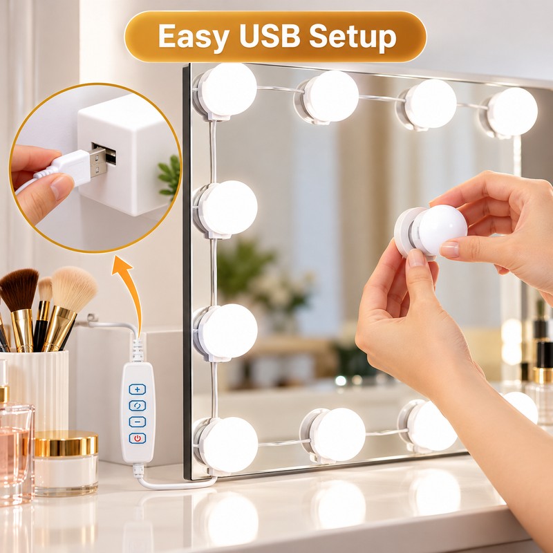 Detachable LED Makeup Mirror Lights – USB-Powered Hollywood Vanity Bulbs