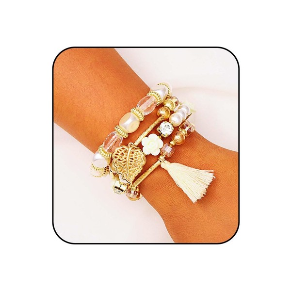 Jovono Boho Bead Bracelets Stackable Gold Elastic Leaf Hand Chain