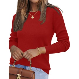 Rapbin Womens Christmas Jumpers Crew Neck Tops Long Sleeve Sweaters Casual Solid Color Pullover Sweatshirt Red M
