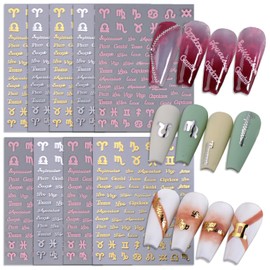 JERCLITY 9 Sheets Gold Silver Pink Zodiac Nail Stickers Self-Adhesive Zodiac Signs Nail Decals Constellation Words Stickers for Nails Twelve Constellation Nail Stickers Set for Women Nail Art