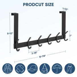 TICONN Over The Door Hooks, 6 Heavy Duty Dual Coat Rack All Aluminium Coat Hanger for Jacket Hat Towel in Bathroom Bedroom Dorm(Black, 1PK)