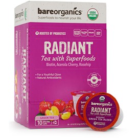 BareOrganics Radiant Tea withuperfoods & Probiotics | Compatible Tea Pods | USDA Certified Organic, Vegan, Non-GMO & Recyclable, 10ctingleerve Cups