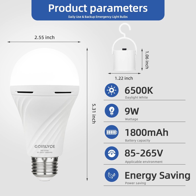 Rechargeable Emergency Light Bulbs, 4 Pack Battery Powered LED Light