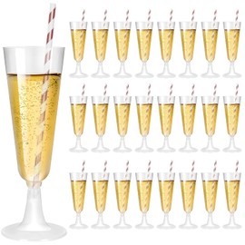 LUCKNIGHT 25 Stück Sektgläser Plastik, 160 ml/5.6 oz Sektgläser Kunststoff Wiederverwendbare, mit Papierstrohhalmen, Champagner Gläser Plastik für Geburtstag Hochzeit, Feier Versammlungen, Transparent