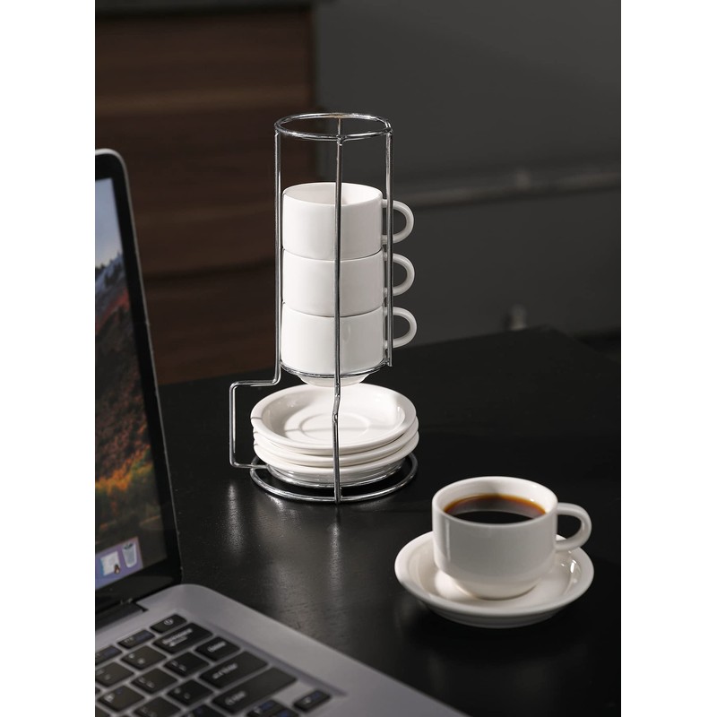 Sweese 2.5 Ounce Porcelain Stackable Espresso Cups with Saucers and