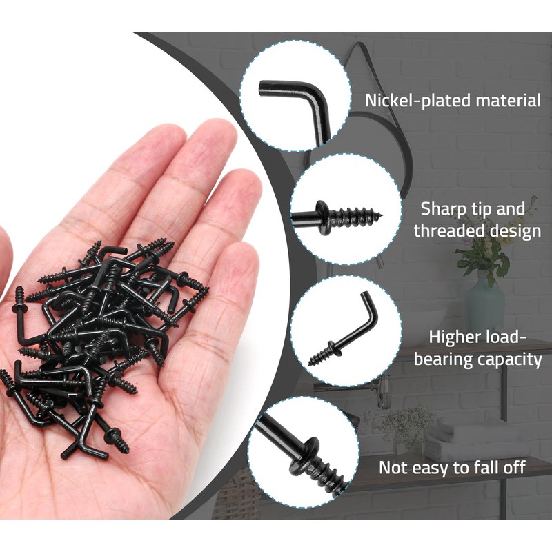 Biaungdo 100 Pack 1/2" L Hooks, Black Screw in Hooks