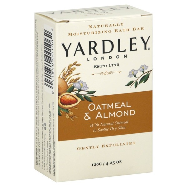Yardley Naturally Moisturizing Bath Bar 4.25 oz ea, Oatmeal & Almond, 4 Pack