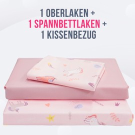 GOYSILA Montessori Bed Linen 70 x 140 cm, 1 Fitted Sheet with Elasticated Corners, 1 Top Sheet, 1 Pillowcase, 100% Cotton, Oeko Tex, Unicorns