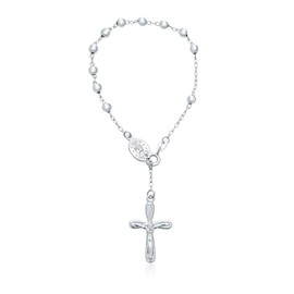 Religious Jesus Crucifix Infinity Cross Virgin Mary Rosary Prayer Beads .925 Sterling Silver Bracelet For Women Communion 3MM Bead 7 Inch