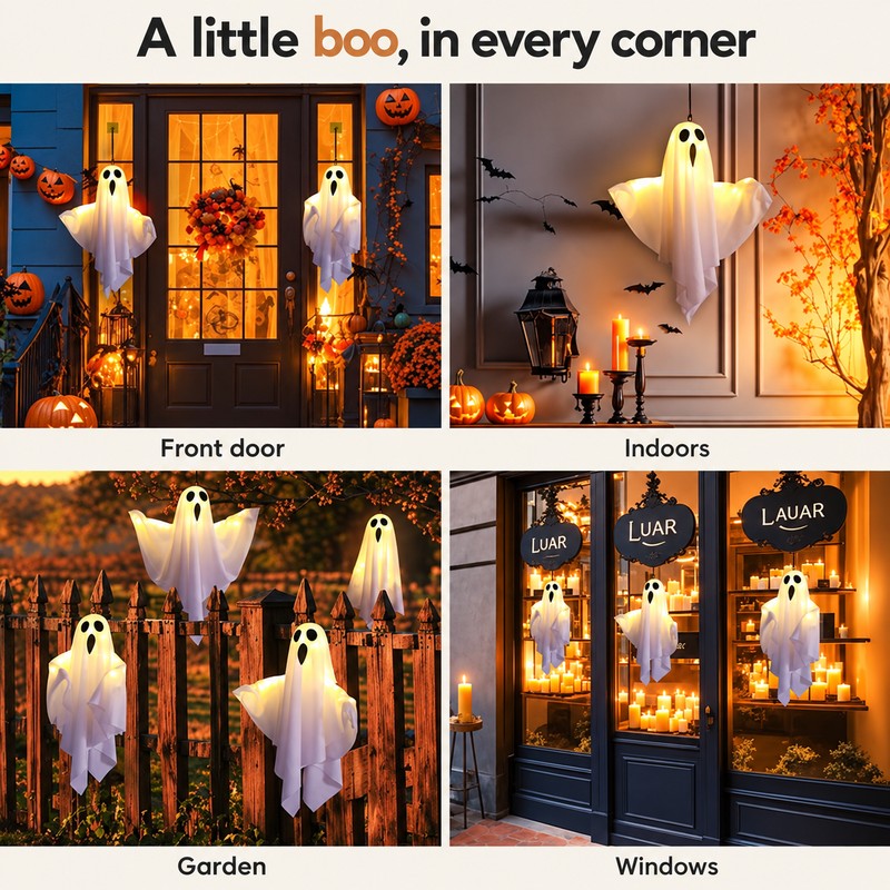 2-Pack Light-Up Hanging Ghost Decorations for Halloween – Warm LED