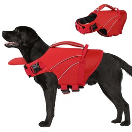 Queenmore Large Dog Life Jackets, Reflective Dog Swimming Vest with Enhanced Buoyancy, High Visibility Pet Life Preserver with Front Neck Float, Pet Life Vest for Boating (Red,2XL)