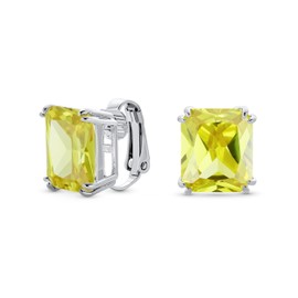 Traditional Classic Large Statement Emerald Cut Simulated Yellow Topaz AAA CZ Solitaire Clip On Stud Earrings For Women Silver Plated Non Pierced 14MM