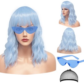 LOHO WONDERZ Wavy Wig and Sunglasses Set - 15 Inch Wavy Wig With Bangs - Heat Resistant Shoulder Length Curly Bob Wigs for Women - Bachelorette Party Costume Cosplay (Haze Blue)