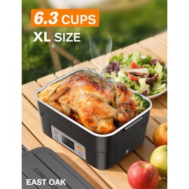 EAST OAK XL 6.3-Cup Cordless Electric Lunch Box for Adults, Heated Lunch Box for Men with Scheduled Heating, Portable Car Food Warmer with Utensils, Two-Tier Bag, Removable Divider