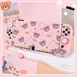 DLseego Protective Case for Switch OLED,Shockproof Soft Grip Cover Dockable Protective Shell for Switch OLED Console Accessories with 2 Joycon Cover and 4PCS Joystick Cover Caps,Pink Cute Bear