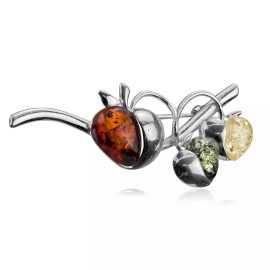 Navada 925 Solid Pure Sterling Silver Multicolor Baltic Amber Designer Apples Brooch