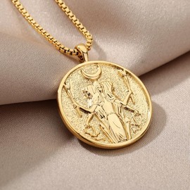 UNGUGU Hecate Athena Artemis 18K Gold-Plated Coin Chain, Greek Mythology Queen Necklace, Locket Necklace for Women, Agate