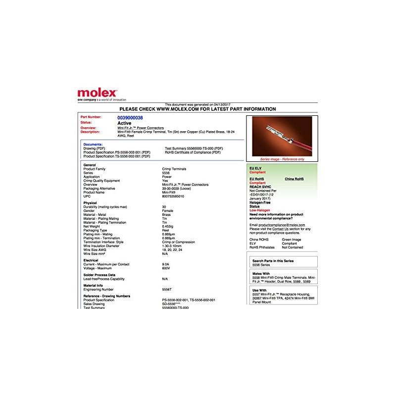 MOLEX 39-00-0038 CONTACT, SOCKET, 24-18AWG, CRIMP (50 pieces)