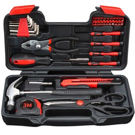 Household Tools Kit, 39 Pcs Home Essential Repairing Sets with Plastic Toolbox for Home, College and Automobile (red)