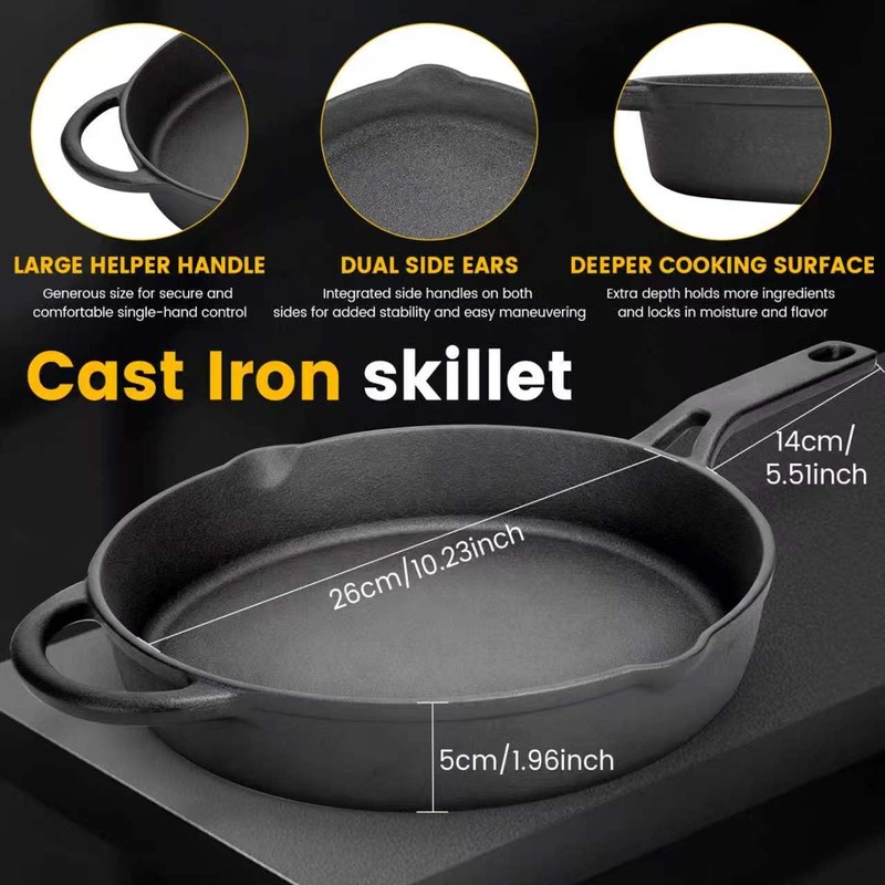 10 Inch Cast Iron Skillet, Pre-Seasoned Frying Pan with Dual