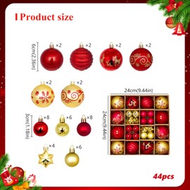 Christmas Tree Baubles, 44pcs Red Gold Christmas Balls Ornaments for Christmas Tree Decorations Glitter Xmas Hanging Baubles Set for Xmas Holiday Wedding Party Home Decor Y7SDQLH
