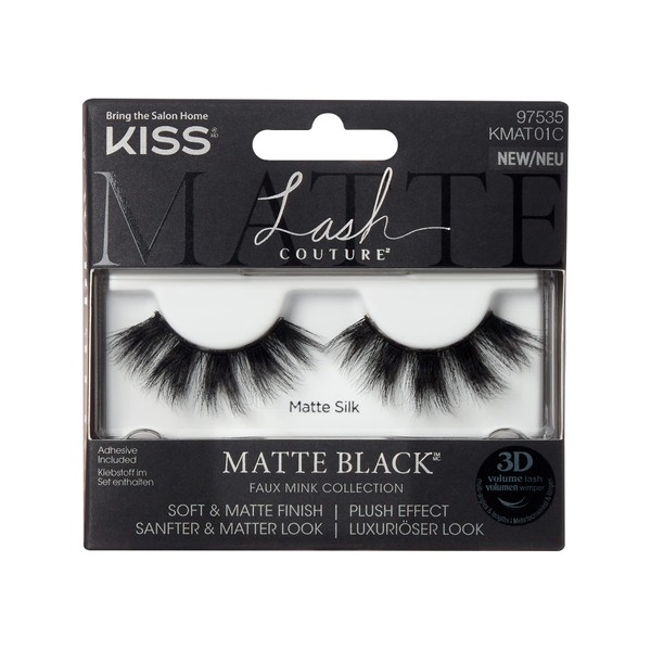 KISS Lash Couture Matte Black Collection 1 Pair of False Eyelashes, Matte Silk, Soft and Matte Faux Mink Lashes with KISS-Flexi Eyelash Band, Includes Eyelash Glue