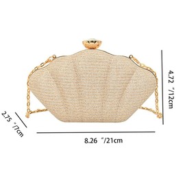 Versatile Women Shell Shape Clutch Handbag, Glitter Evening Banquet Bag Chain Tote Bag Wedding Party Prom Trendy Purse, Gold