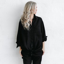 Seaside Tones Linen Boyfriend Shirt - Black