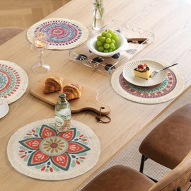 LOMOHOO Set of 4 Round Placemats 13 Inch Table Mats Boho Cotton Woven Mandala Tassels Heat Proof Washable Circle Place Mat for Kitchen Dining Wedding Farmhouse Home Decoration
