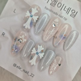 Cross Chrome Handmade Nail Tips (Choose 2 types) - Almond / 십자가 크롬 수제네일팁 (2type 선택) - 아몬드