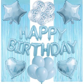 WEIKA 29 Pcs Light Blue Birthday Party Decorations - Happy Birthday Balloons Banner Blue, Heart & Star Foil Balloons, Confetti & Latex Balloons, Foil Fringe Curtains Party Supplies for Girls Boys