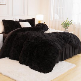 Andency Faux Fur Black Comforter Queen, 3 Pieces Fluffy Fuzzy Plush Bedding Comforter Set (1 Shaggy Velvet Comforter & 2 Pillowcases), Soft Puffy Comfy Down Alternative Comforter Bedding Set